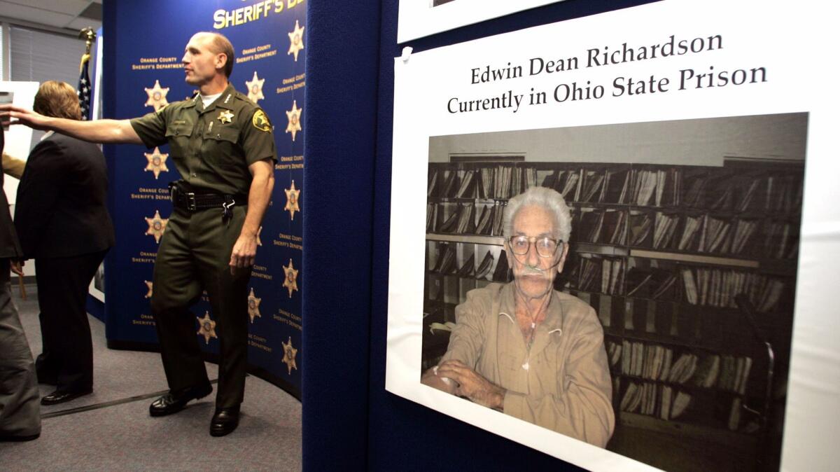 A photo of Edwin Dean Richardson displayed at a news conference held by the Orange County Sheriff's Department in 2004, after investigators there used DNA to link him to the 1972 slaying of Marla Jean Hires. (Mark Boster / Los Angeles Times)