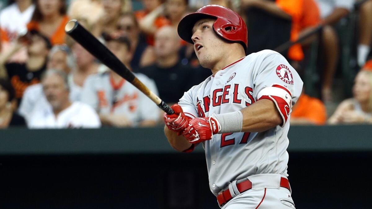The Angels' Mike Trout watches a home run against the Orioles in Baltimore.
