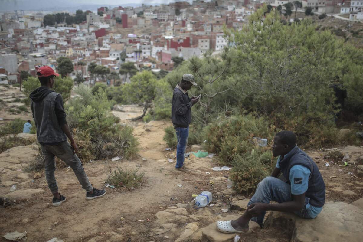 Sub-Saharan migrants aiming to cross to Europe take shelter in a forest overlooking the neighborhood of Masnana, on the outskirts of Tangier, Morocco, in September 2018.