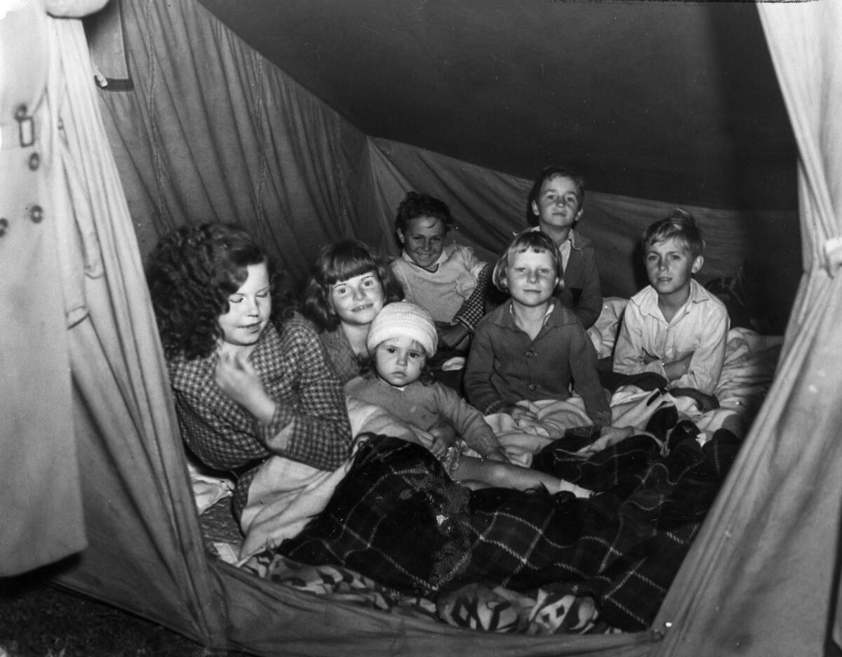 March 16, 1933: Victims of the March 10, 1933, Long Beach earthquake find temporary shelter in a tent.