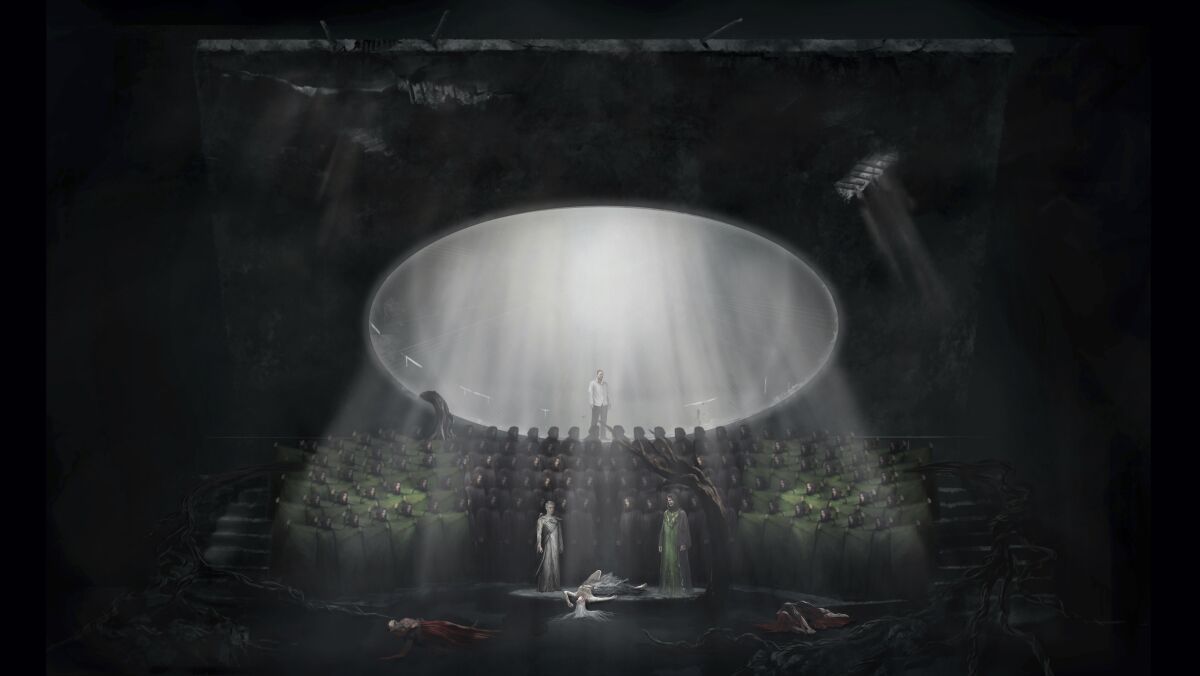 This artist rendering released by the Metropolitan Opera shows a set design by Tim Yip for François Girard's new production of Wagner's "Lohengrin," which is among seven new stagings the company announced Wednesday for its 2022-23 season. (Metropolitan Opera via AP)