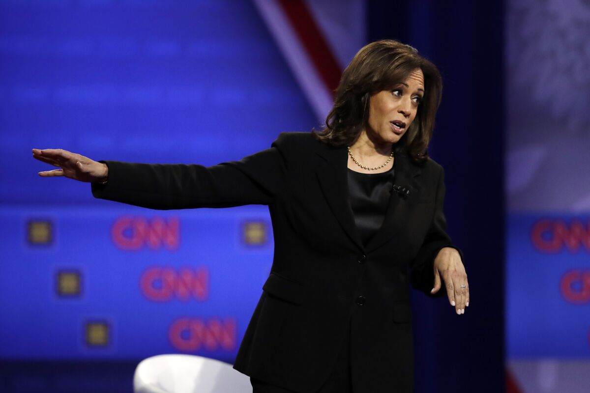 Kamala Harris answers a question at the LGBTQ forum sponsored by the Human Rights Campaign Foundation and CNN on Thursday.
