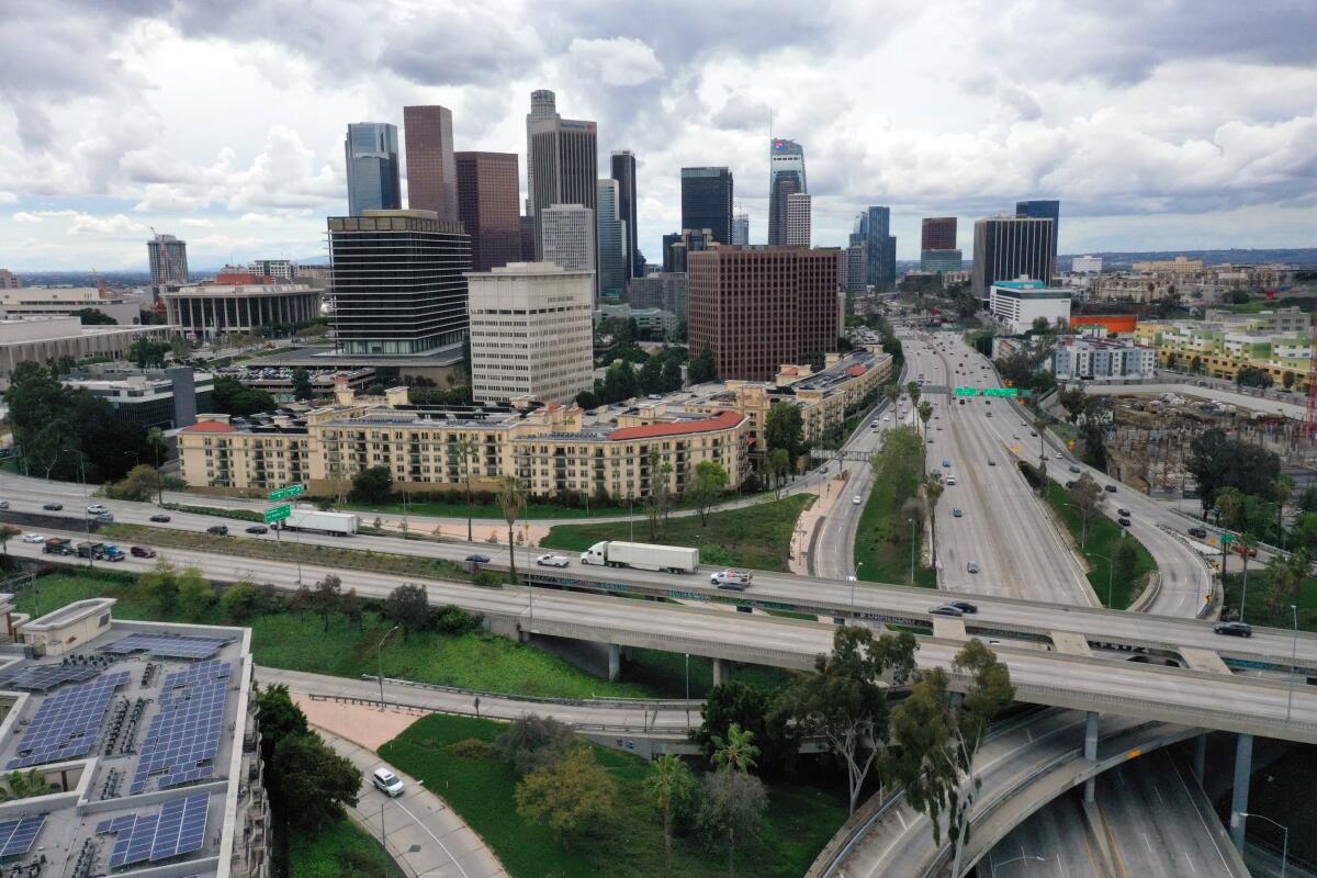 The intersection of the 101 and 110 freeways in downtown Los Angeles on March 20, 2020.