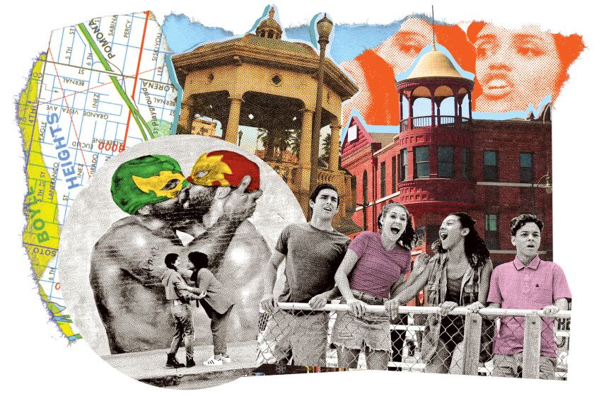 Illustration for How Boyle Heights and East L.A. became the locus of Latinos on screen story, part of the Latino Representation project running June 13, 2021. Pictured are Karrie Martin and Julissa Calderon in "Gentefied," Diego Tinoco, Ronni Hawk, Sierra Capri, Jason Genao in "On My Block," CREDIT: Illustration by Evan Solano / For The Times/ Netflix / Gary Friedman / Los Angeles Times