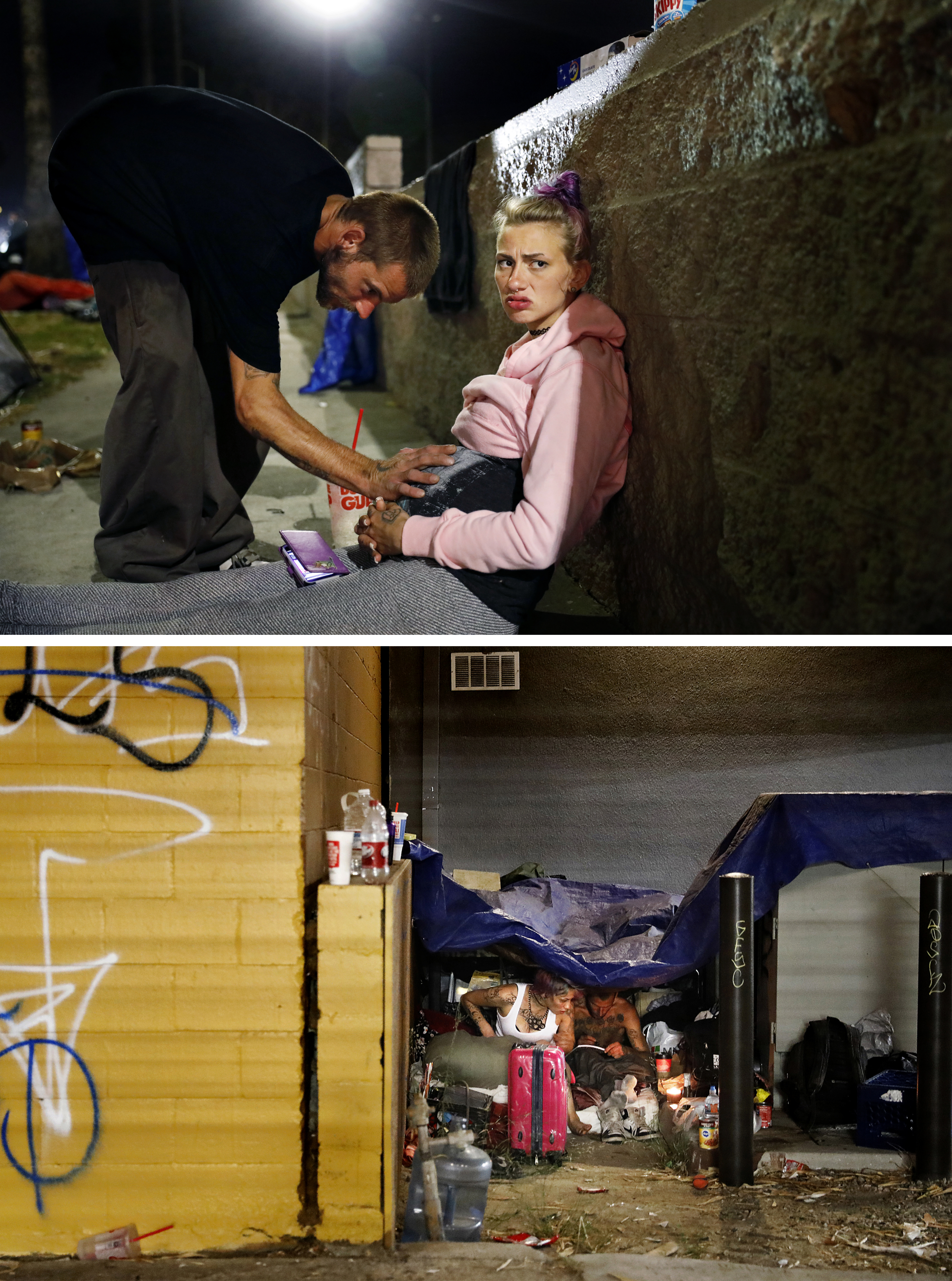 Two photos: A woman sits against a wall as a man touches her pregnant belly. A woman and man sit under a tarp in an alleyway.