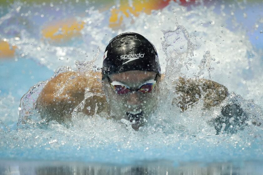 United States swimmer Caeleb Dressel swims in his men's 100m butterfly semifinal at the World Swimming Championships in Gwangju, South Korea, Friday, July 26, 2019. (AP Photo/Mark Schiefelbein)
