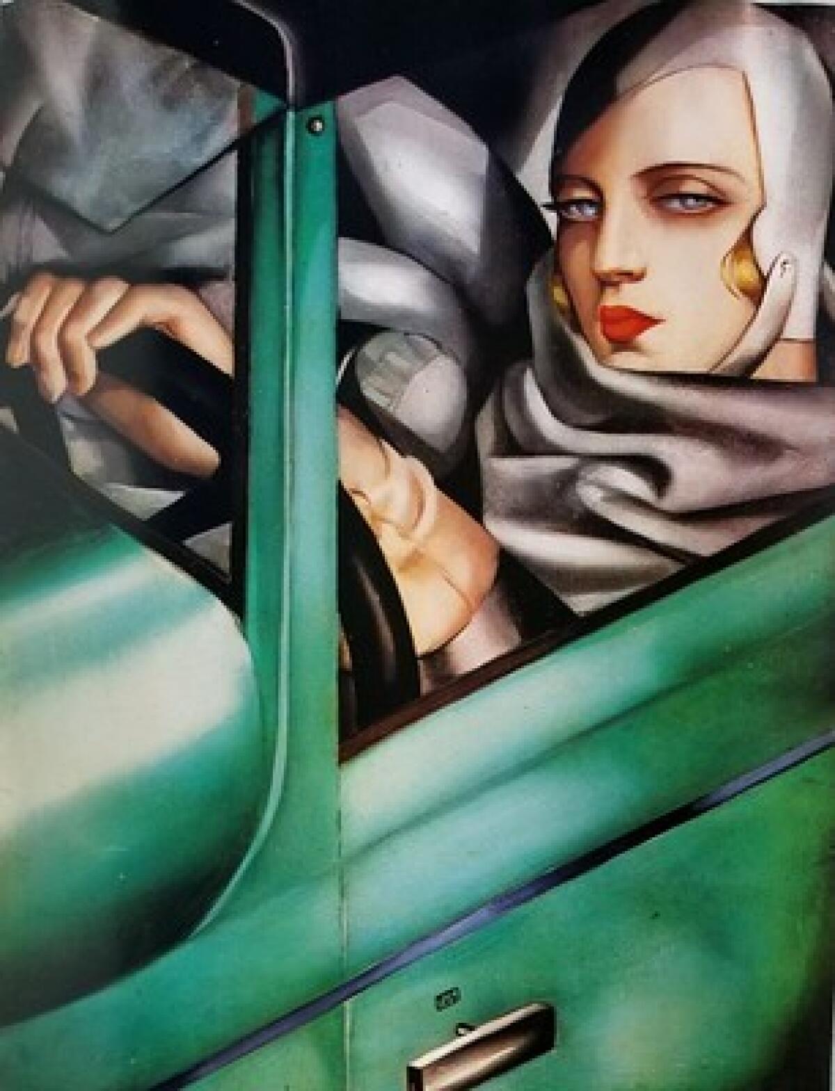 A painting of a woman driving a green classic car