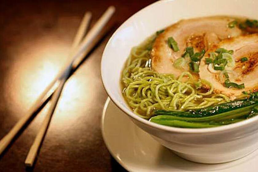 Green tea slice pork noodles cost $6.50 at Bamboodles in San Gabriel.