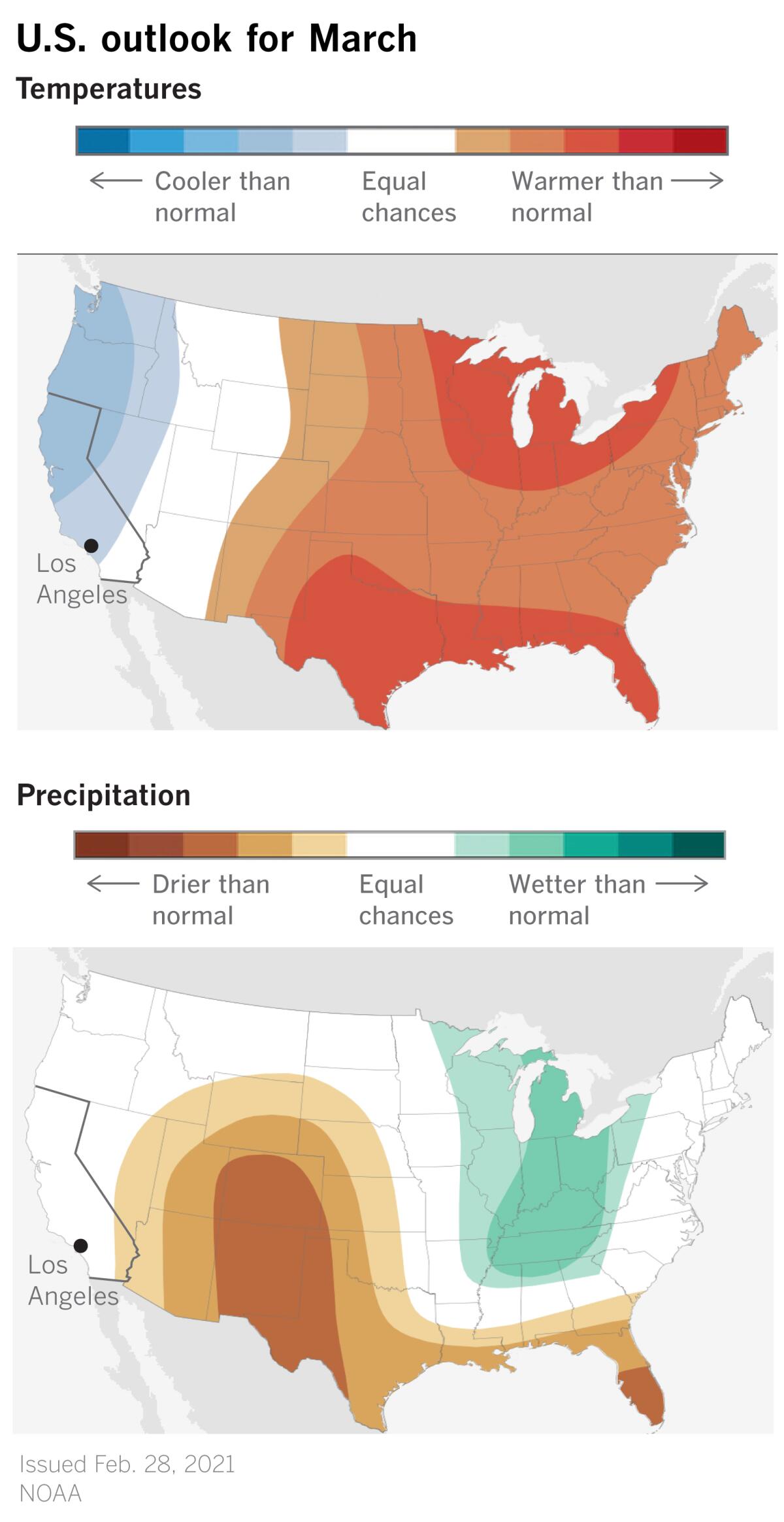 Two maps show cooler than normal temperatures for the West and drier than normal precipitation for the Southwest