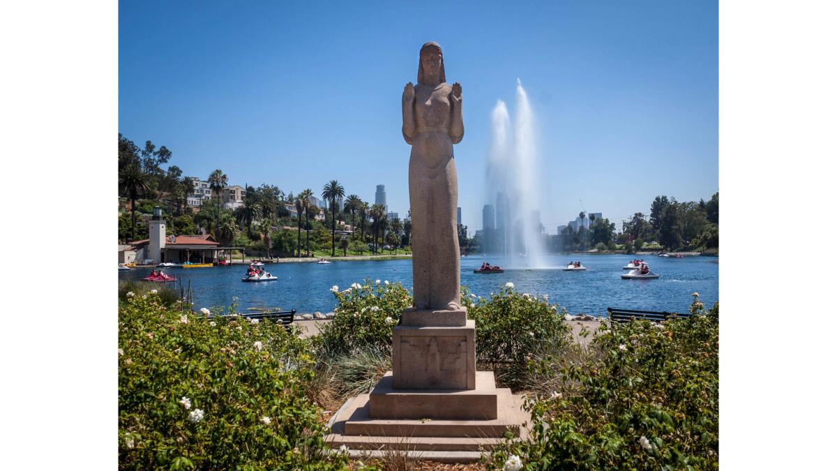 Aug. 9, 2017: Nuestra Reina de Los Angeles, known as the Lady of the Lake, by Ada May Sharpless in Echo Park in Los Angeles.