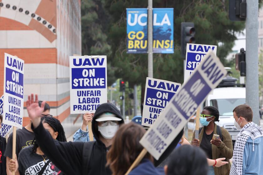 LOS ANGELES, CA MAY 28, 2024 - Academic workers at UCLA went on strike Tuesday, May 28, 2024, alleging their workers' rights have been violated by University of California actions during pro-Palestinian protests and encampment crackdowns. Thousands of UAW Local 4811 members at UCLA and UC Davis participated in the second round of a campus Unfair Labor Practice strikes. UAW 4811 represents around 48,000 workers across the state, including 6,400 at UCLA and 5,700 at Davis. (Brian van der Brug / Los Angeles Times)