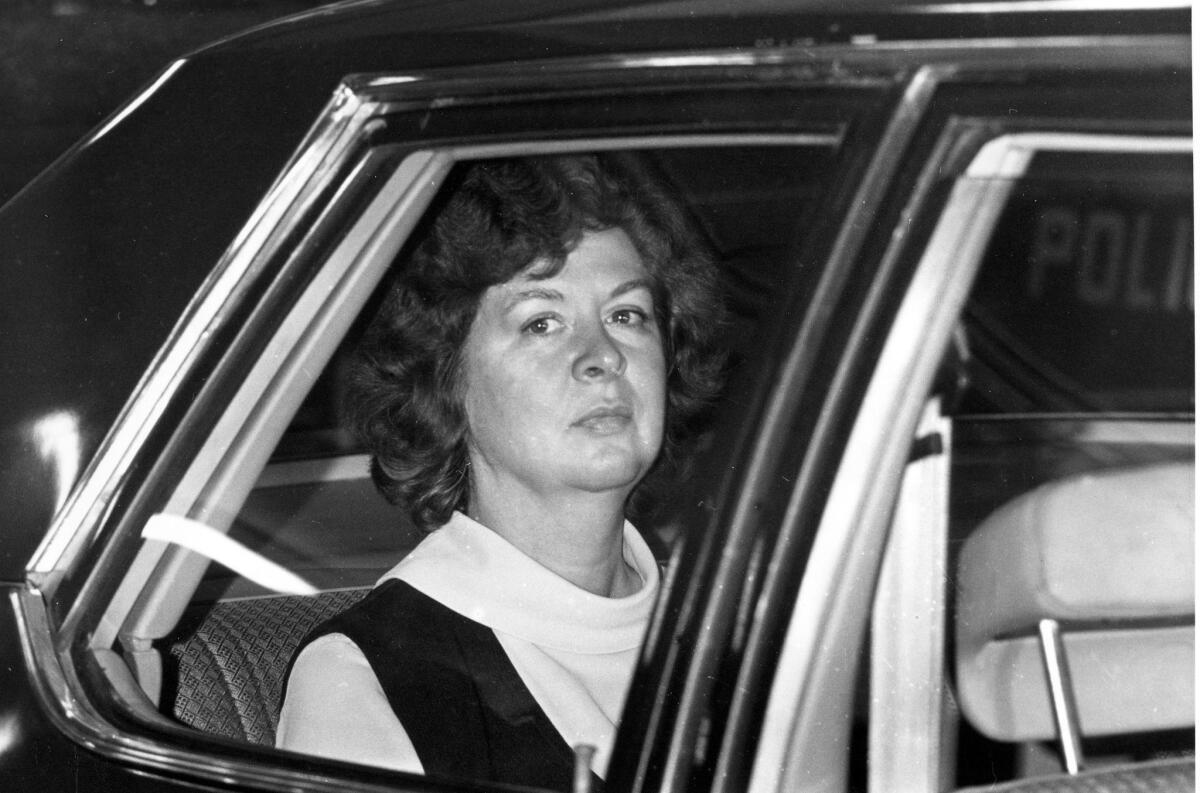 Sara Jane Moore on her way to federal court in 1975 in San Francisco, where a judge accepted her guilty plea for trying to kill President Gerald Ford. (Associated Press)