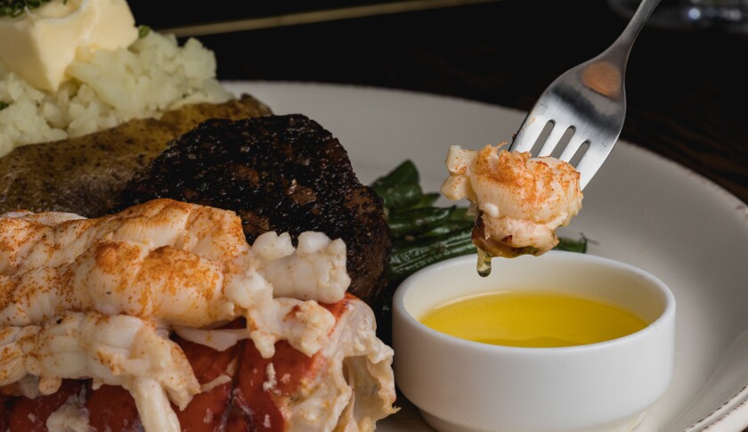 The Original filet mignon with Lobster Tail and a baked potato from Saska's in Mission Beach. (Courtesy photo)