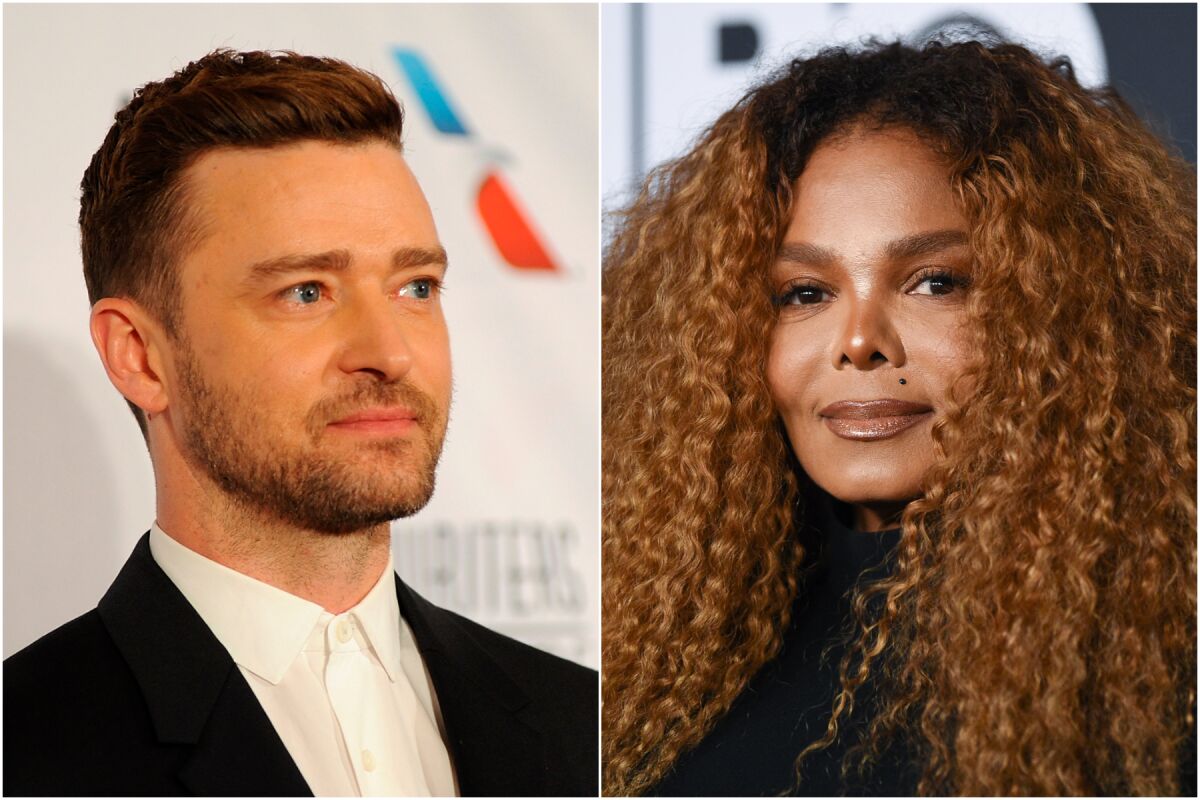 A split image of Justin Timberlake and Janet Jackson