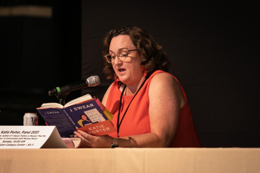 Los Angeles, CA - April 23: Katie Porter talks about her upcoming Senate run and her memoir, "I Swear: Politics is Messier Than My Minivan," with Melanie Mason at the 43rd annual LA Times Festival of Books on Sunday, April 23, 2023 in Los Angeles, CA. (Jason Armond / Los Angeles Times)