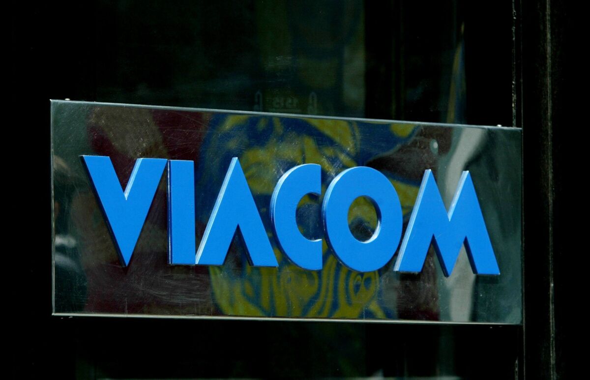 Viacom logo on the exterior of the company's headquarters.
