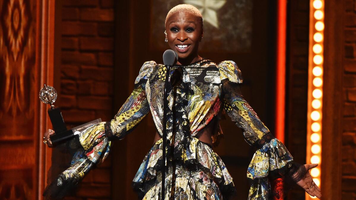 Cynthia Erivo accepts her award for "The Color Purple" during the Tony Awards.
