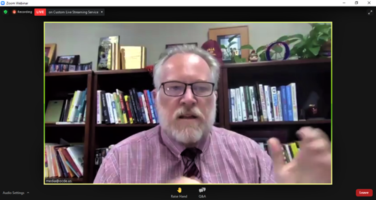 Gregory Franklin, superintendent of Tustin Unified, speaks Wednesday at an ethnic studies forum hosted by OCDE.