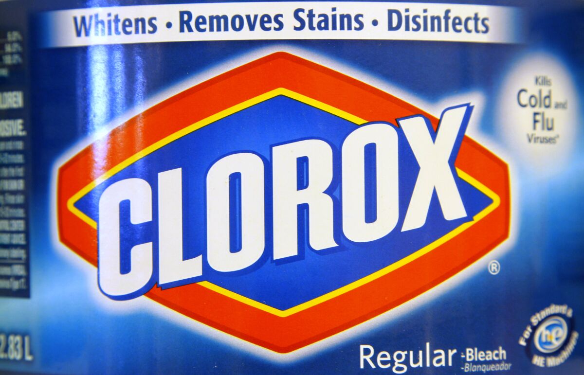 FILE - A detail of a label on a bottle of Clorox bleach is displayed in a supermarket, in Walpole, Mass. in a In this Aug. 1, 2011 file photo. Clorox’s fiscal fourth-quarter sales jumped 22% as consumers continued to buy cleaning supplies amid the coronavirus pandemic. (AP Photo/Steven Senne, File)