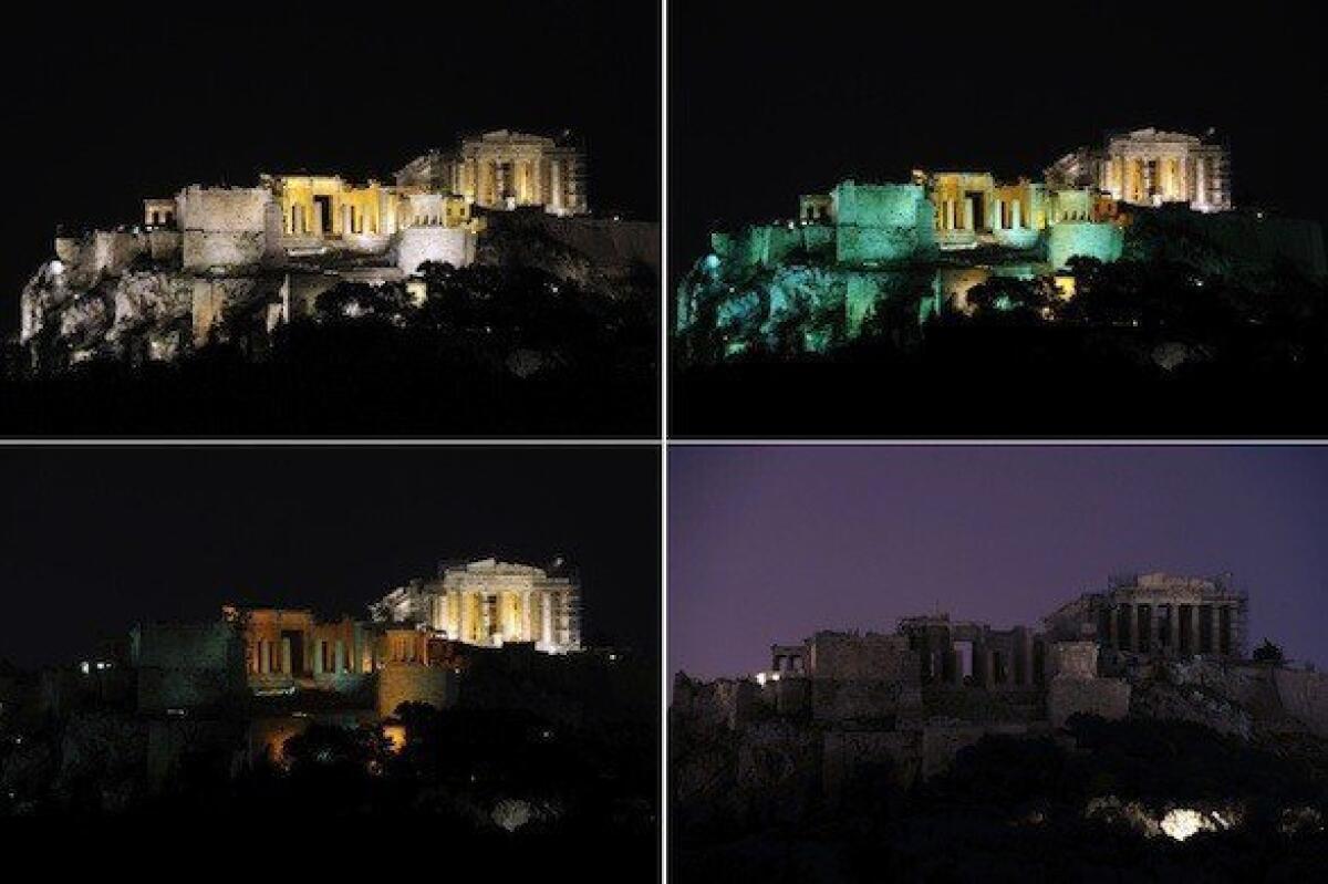Photos taken on Earth Hour 2012 (March 31) show the Acropolis in Athens lighted and then going dark.