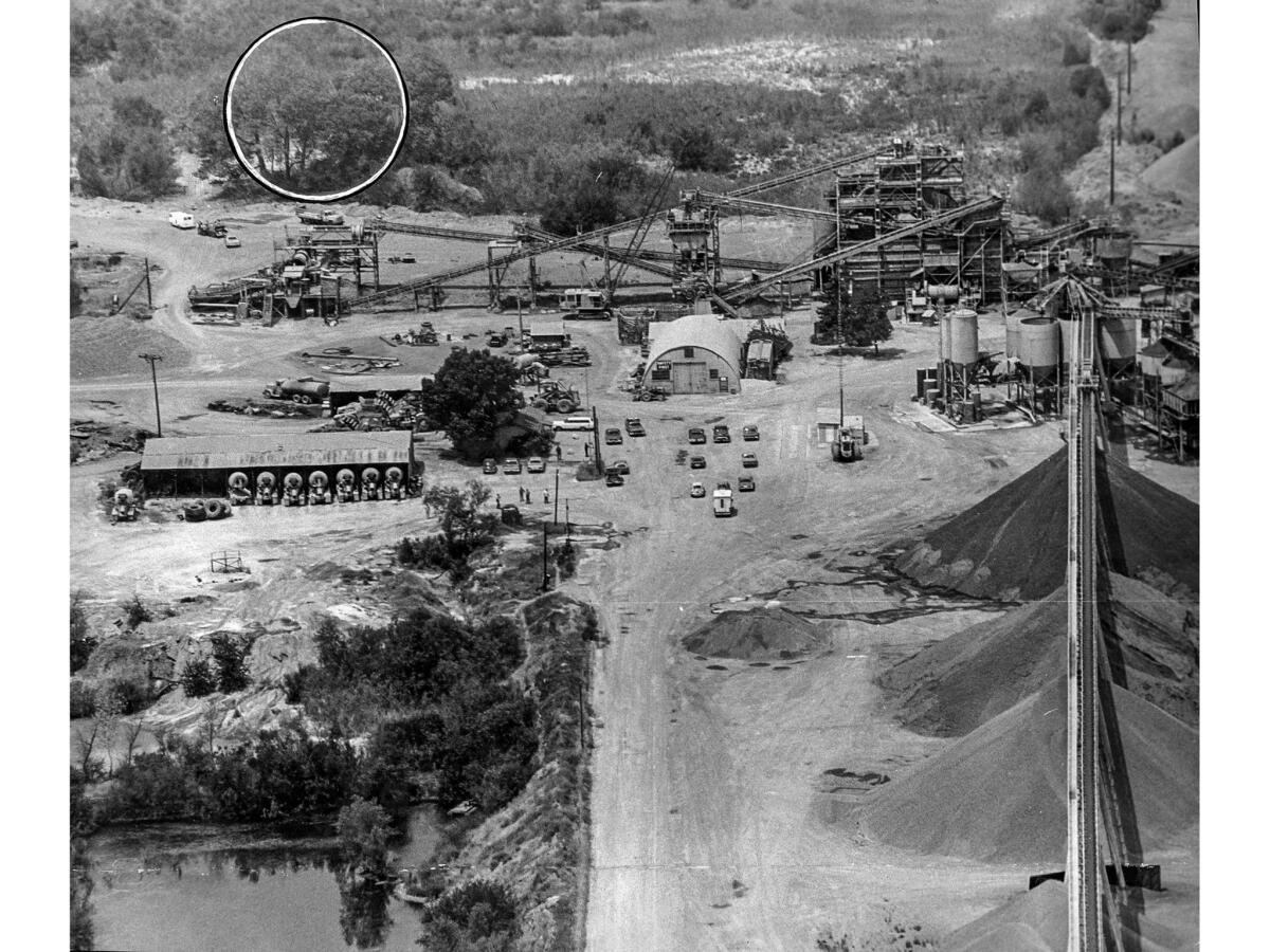 July 17, 1976: Rock quarry in Livermore, Calif., where kidnapped children and their bus driver were held prisoner. The circle in upper left locates the area where the captives were buried in a trailer.
