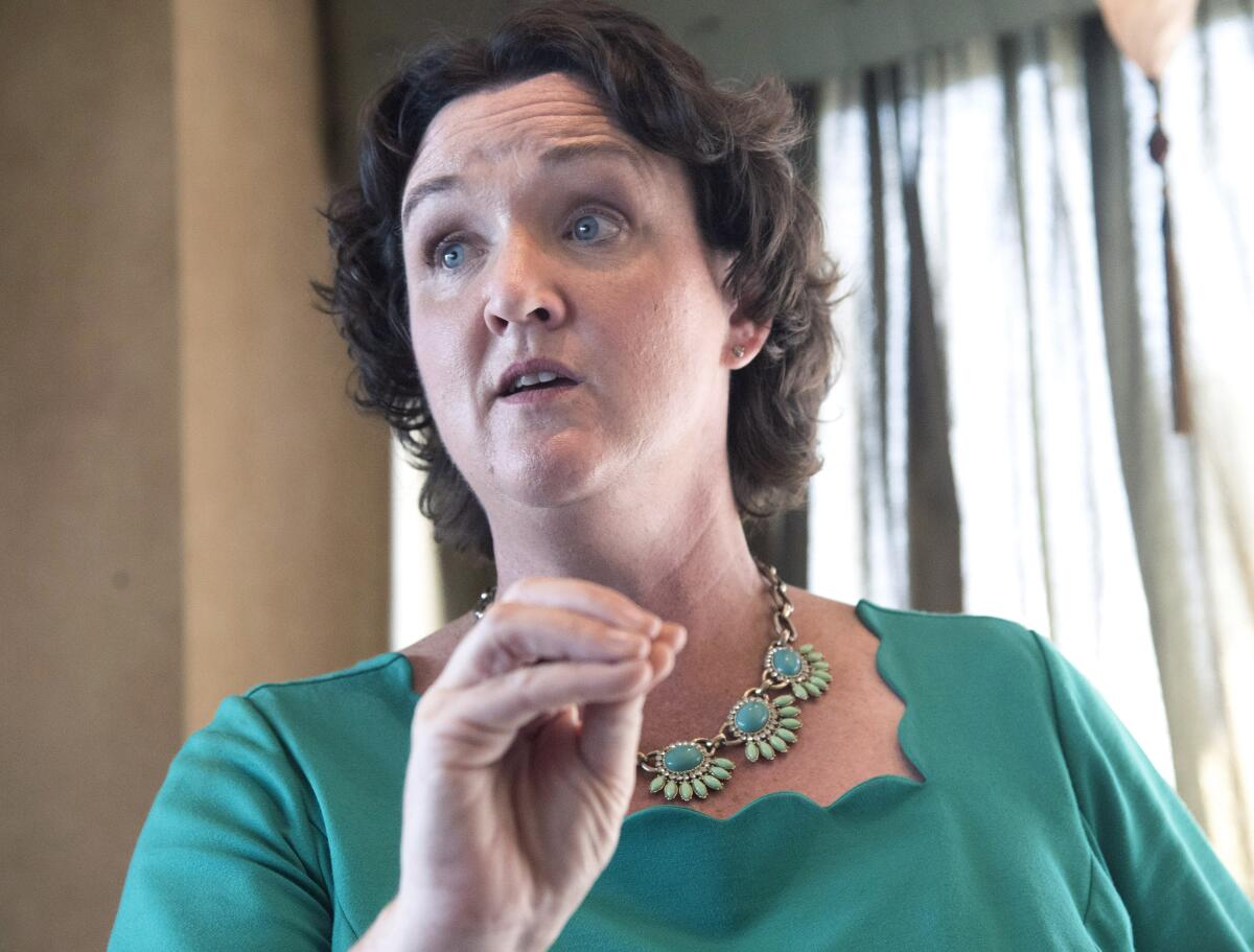 Rep. Katie Porter (D-Irvine) addresses a packed room at Kean Coffee in Tustin in 2019.