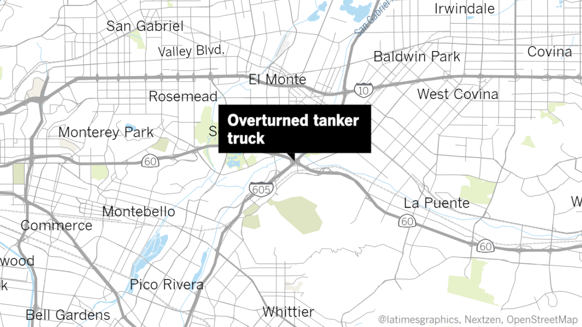 An overturned tanker truck forced the closure of all southbound lanes of the 605 Freeway just north of the 60 Freeway.