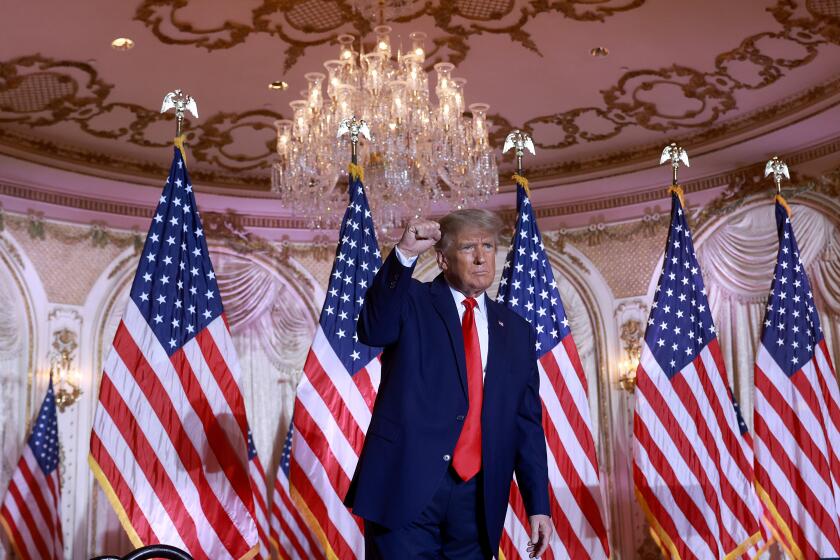 PALM BEACH, FLORIDA - NOVEMBER 15: Former U.S. President Donald Trump gestures during an event at his Mar-a-Lago home on November 15, 2022 in Palm Beach, Florida. Trump announced that he was seeking another term in office and officially launched his 2024 presidential campaign. (Photo by Joe Raedle/Getty Images)