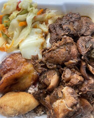Stew chicken plate at Country Style Jamaican restuarant.