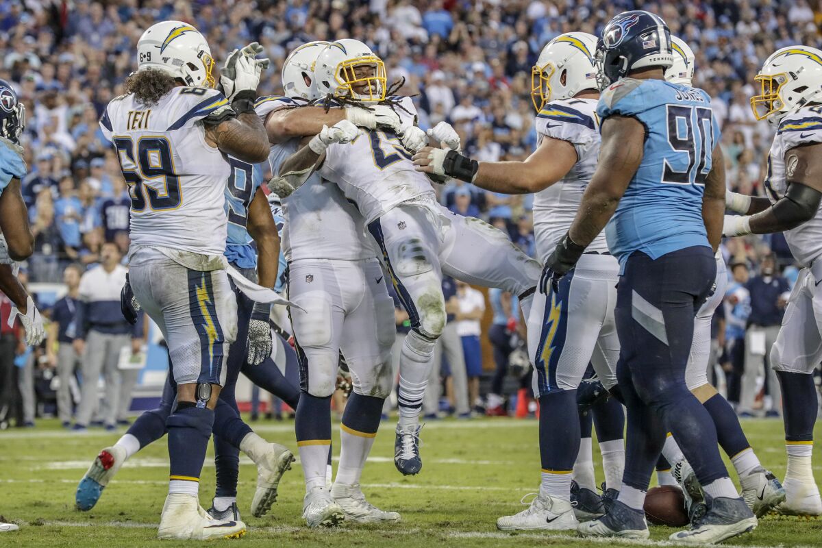 The Chargers prematurely celebrate what they thought was a rushing touchdown by Melvin Gordon, 25, but the play was reversed and ruled short of the goal line. 