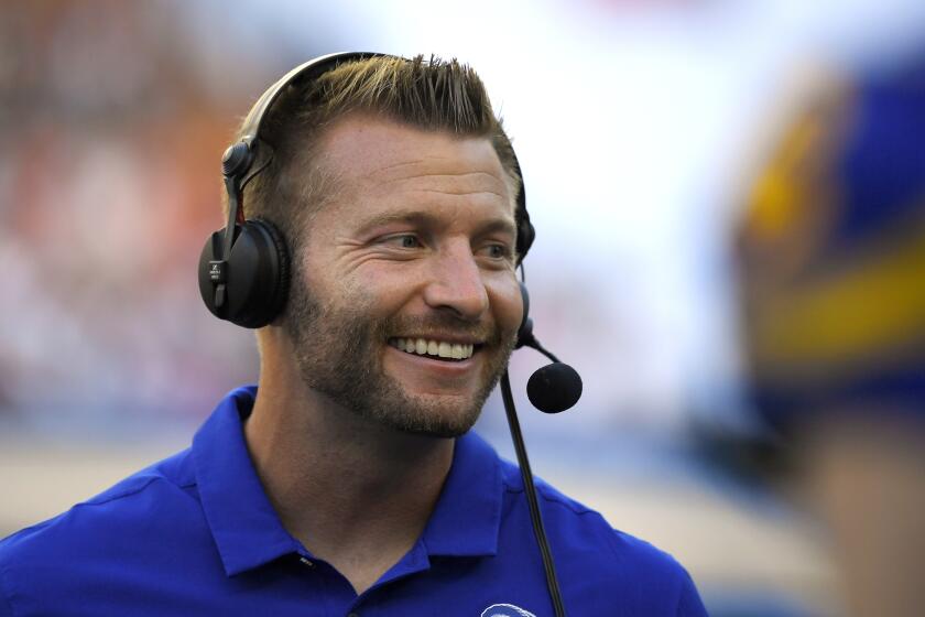 Los Angeles Rams head coach Sean McVay stands on the sideline during the second half of a preseason NFL football game against the Dallas Cowboys Saturday, Aug. 17, 2019, in Honolulu. (AP Photo/Mark J. Terrill)