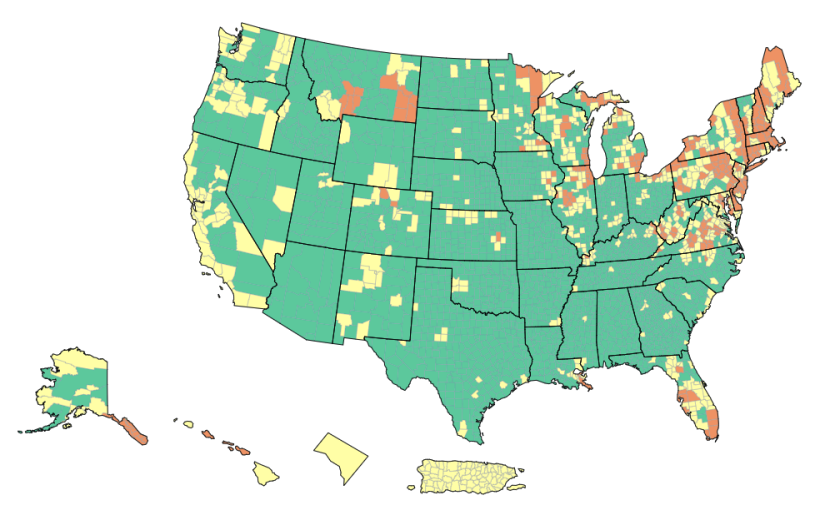 A U.S. map has swaths of green and splashes of orange and yellow.
