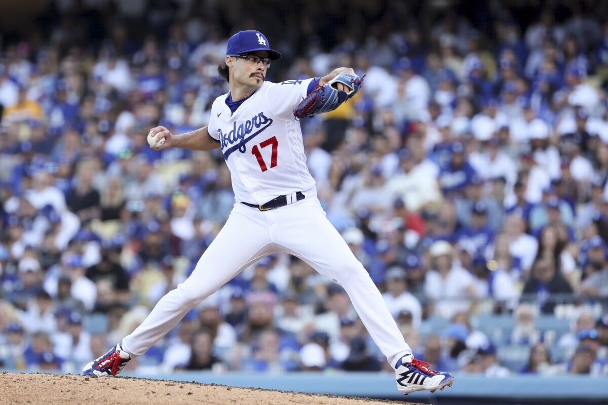 Los Angeles, CA - October 19: Los Angeles Dodgers relief pitcher Joe Kelly pitches during the sixth inning.