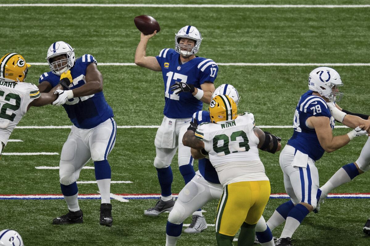 Indianapolis Colts quarterback Philip Rivers throws against the Green Bay Packers last week.