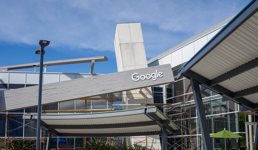 Sign on Google building at its campus in Mountain View, Calif.