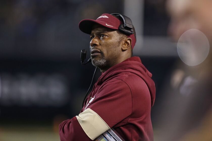 FILE - Florida State coach Willie Taggart watches the team play against Wake Forest during the first half of an NCAA college football game Oct. 19, 2019, in Winston-Salem, N.C. Florida Atlantic fired Taggart on Saturday, Nov. 26, 2022, only hours after the end of a third consecutive five-win season and no bowl bid for the second time in that span. Taggart was 15-18 in his three seasons with the team. (AP Photo/Nell Redmond, File)