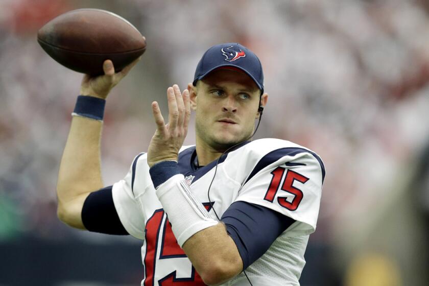 Houston Texans' Ryan Mallett throws on the sideline during the second half against the Kansas City Chiefs on Sunday.