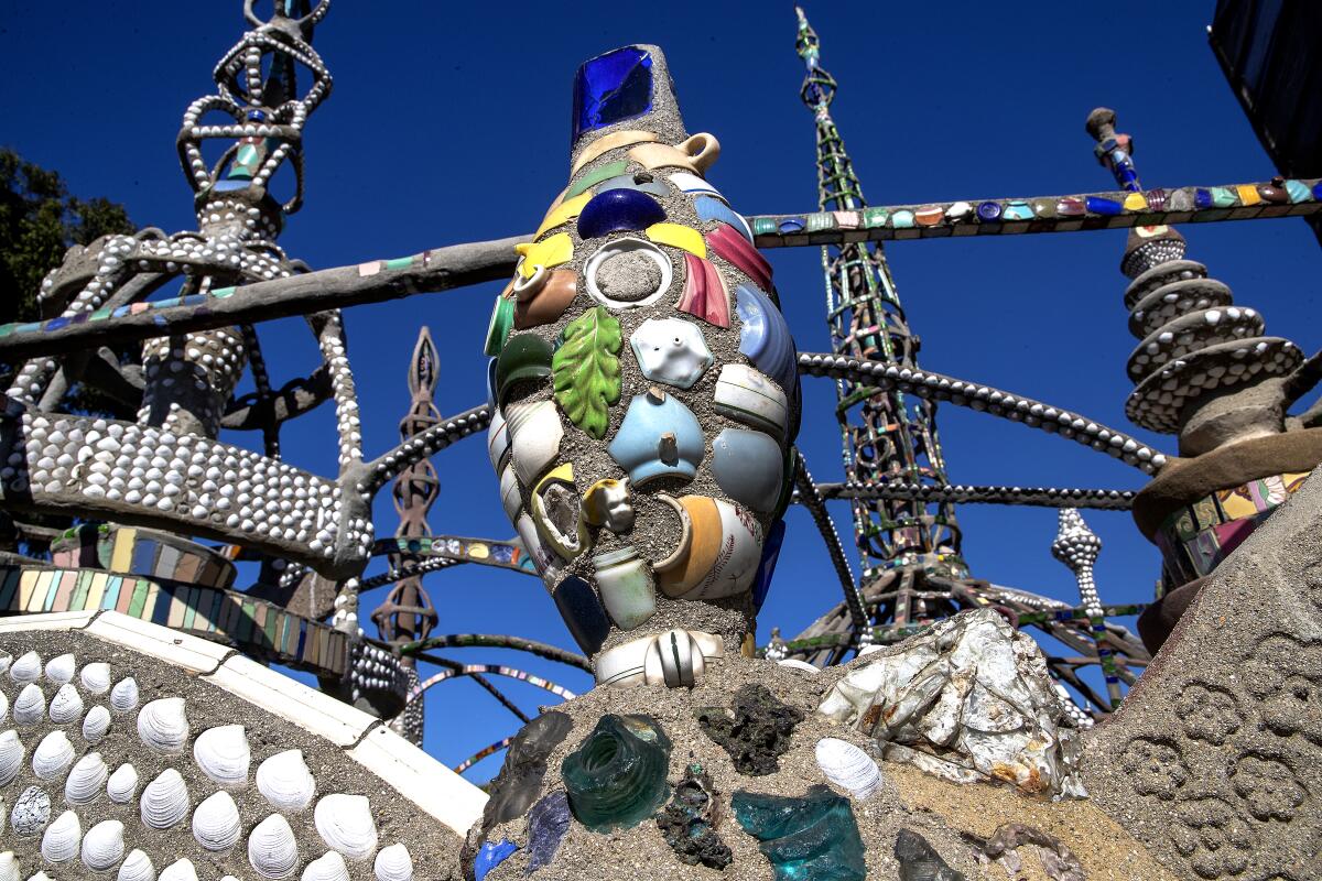 A view of shells and crockery embedded in the Watts Towers. 