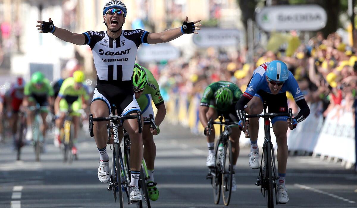 Marcel Kittel reacts after edging Peter Sagan, Ramunas Navardauskas and Bryan Coquard at the finish line in the opening stage of the Tour de France on Saturday in Harrogate, England.