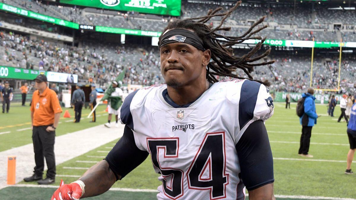 New England Patriots middle linebacker Dont'a Hightower walks off the field after the Patriots defeated the New York Jets, 24-17, on Oct. 15.