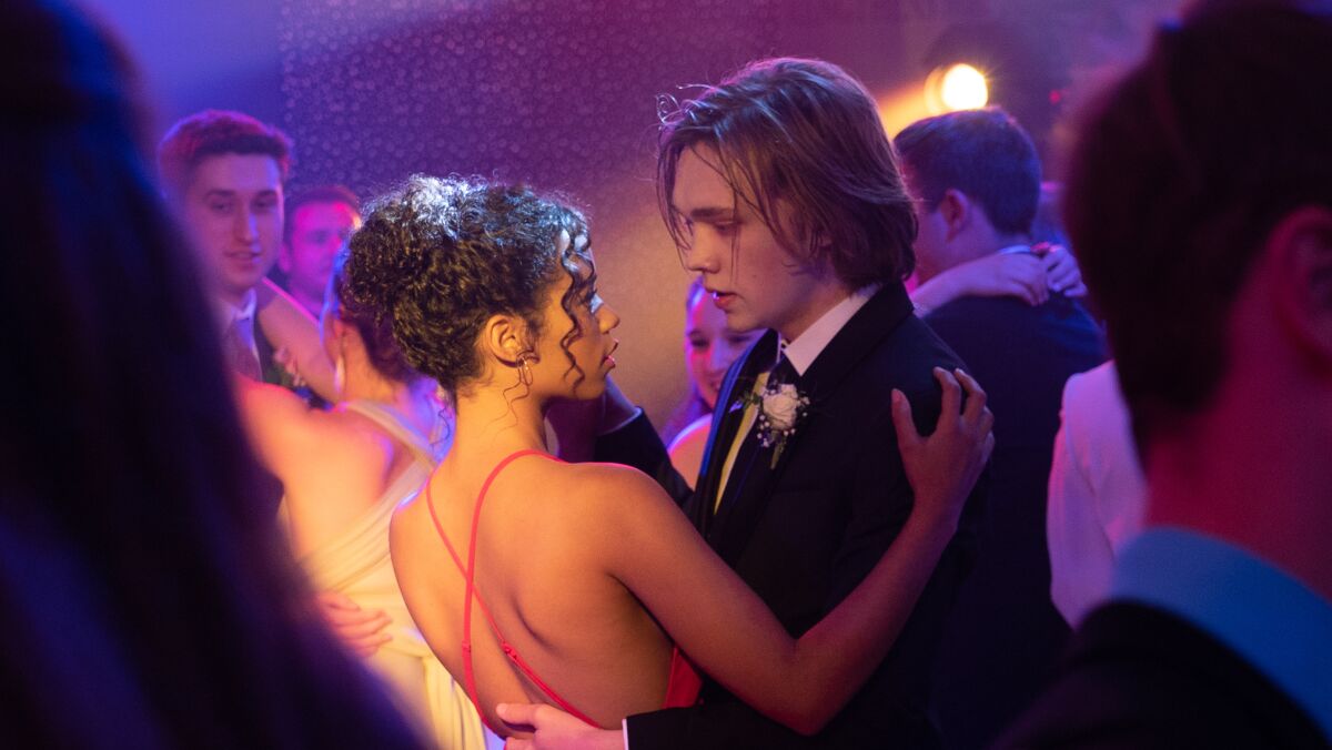 Taylor Russell, left, and Charlie Plummer in the movie "Words on Bathroom Walls."
