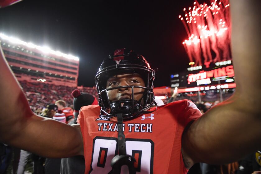 Texas Tech tight end Jayden York (89) celebrates the team's overtime win against Oklahoma in an NCAA college football game Saturday, Nov. 26, 2022, in Lubbock, Texas. (AP Photo/Justin Rex)
