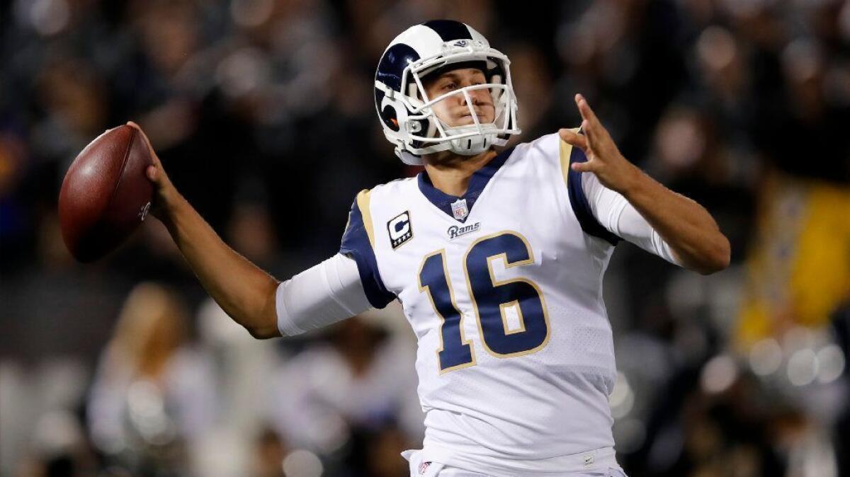 In this Sept. 10, 2018, file photo, Los Angeles Rams quarterback Jared Goff throws during the first half of an NFL game against the Oakland Raiders on the road.