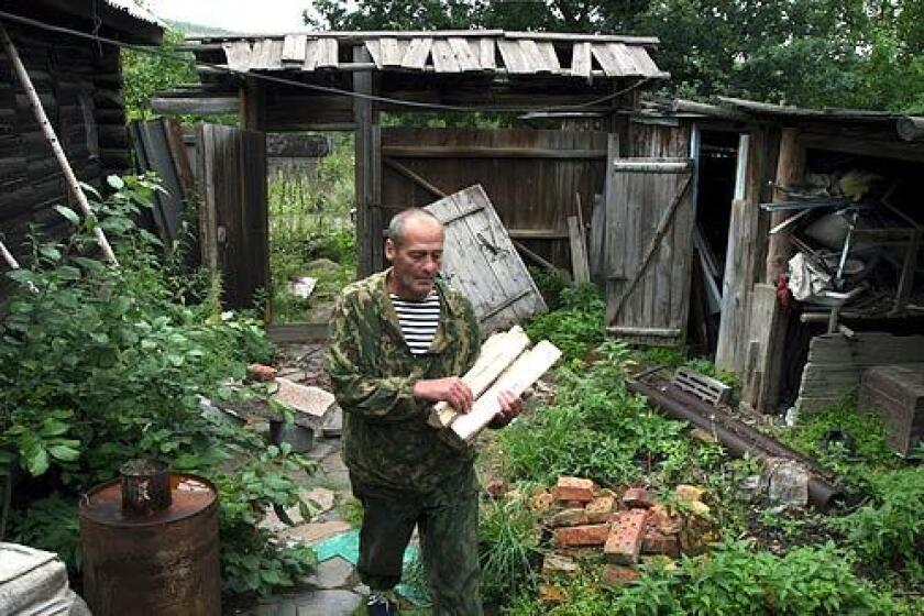 'I'LL WAIT FOR THE END': Mikhail Lychmanyuk gathers firewood at his home near Karabash. Doctors told him that his heart was failing, but he cant afford the $5,000 operation.