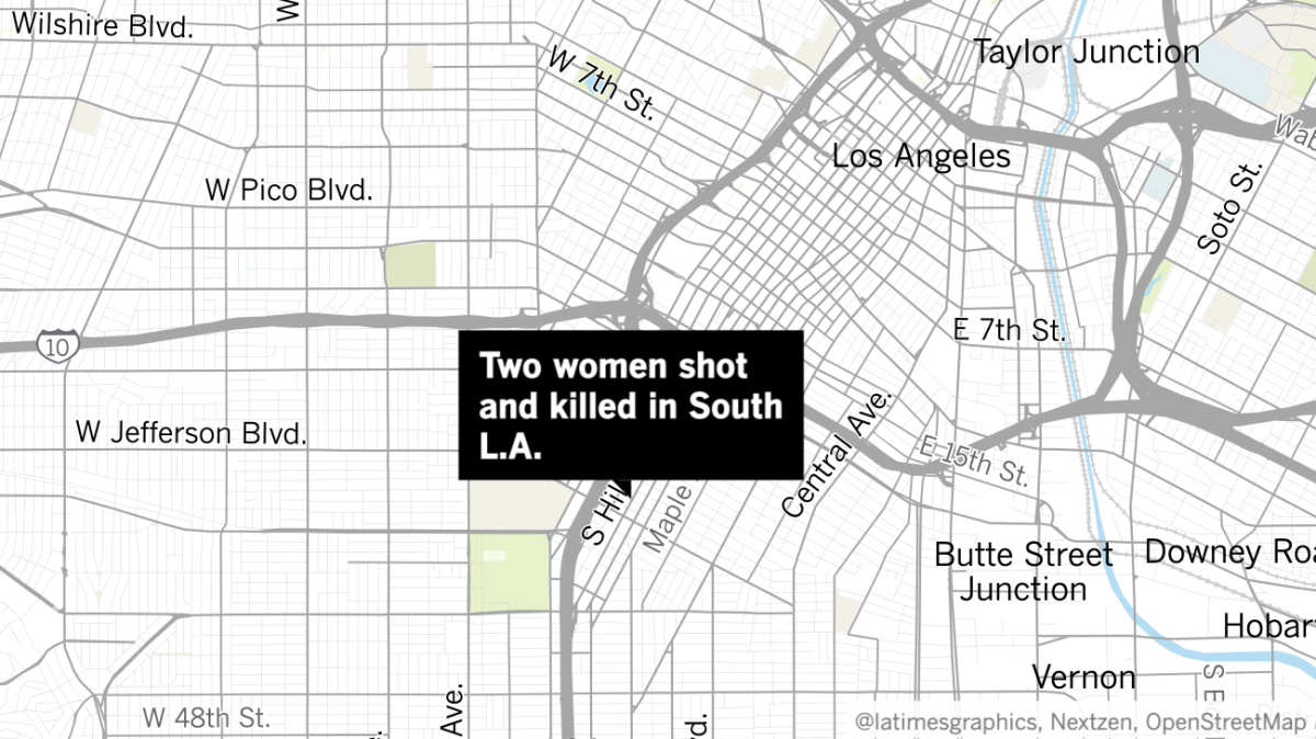 A map showing the areas where two women were shot and killed in South L.A.