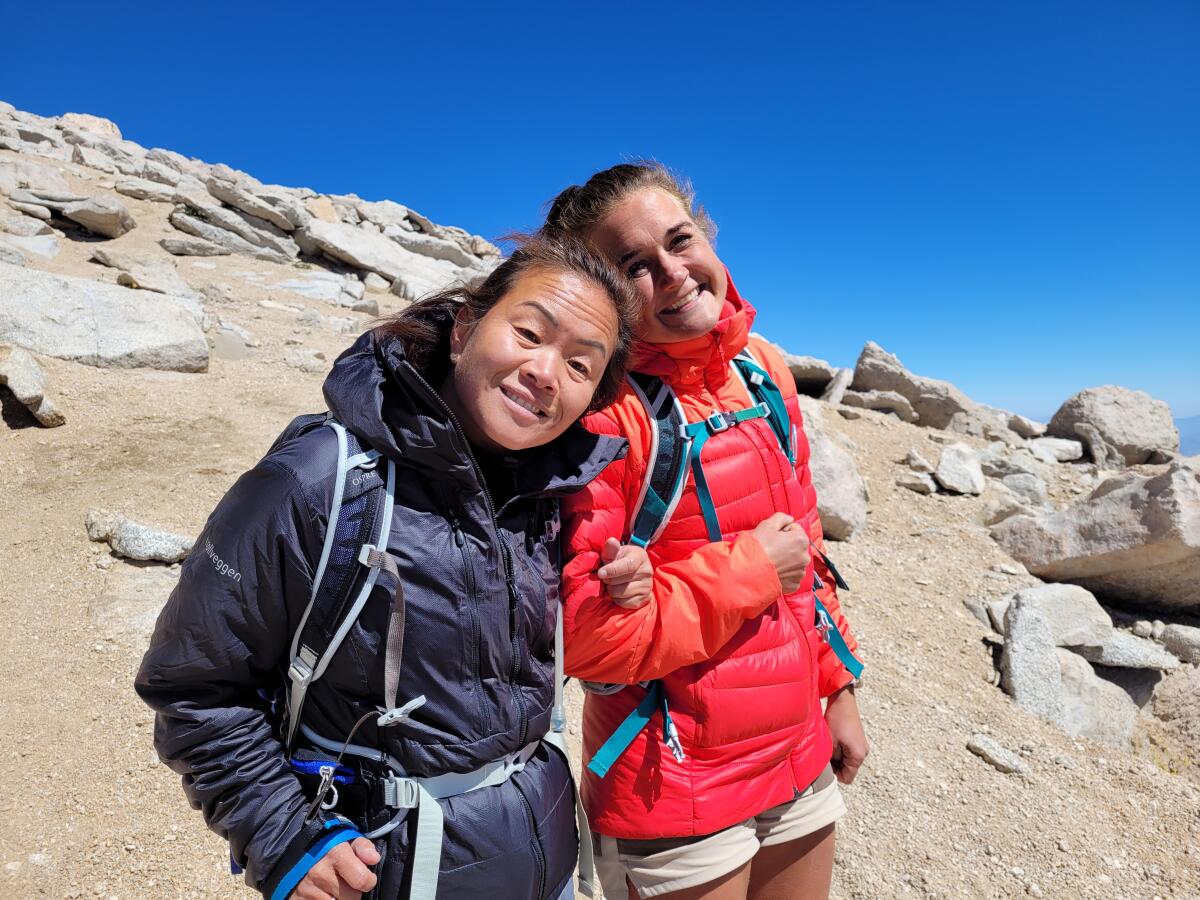 Eline Øidvin, left, and guide Therese Nordbø descend Mt. Langley after reaching the summit.