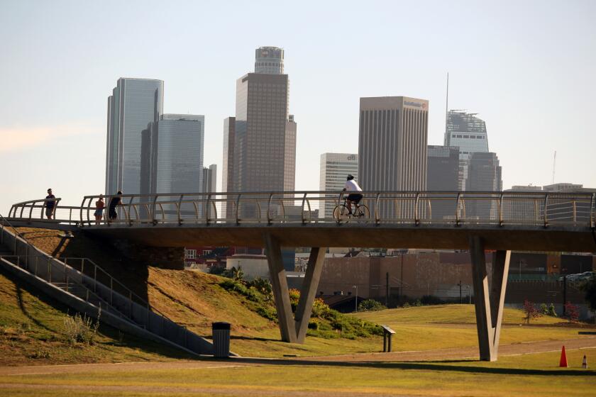 From a pedestrian bridge, the view of downtown Los Angeles is wonderful.