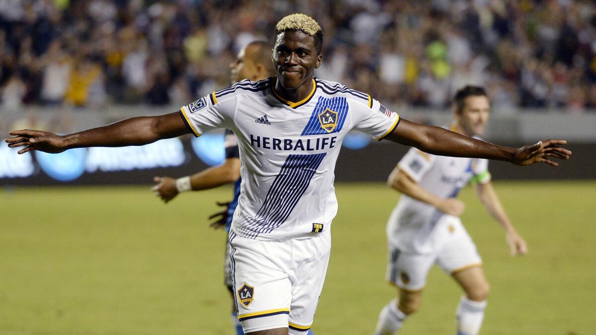 Galaxy forward Gyasi Zardes celebrates after scoring against the San Jose Earthquakes on Aug. 8. Zardes, who grew up in Hawthorne, was a star at Cal State Bakersfield before making his Galaxy debut last year.