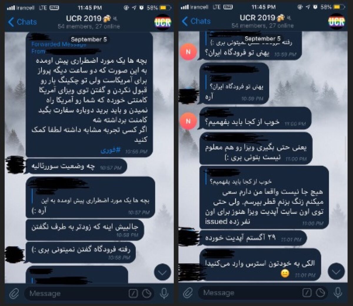 Iranian graduate students bound for UC Riverside discuss problems with the U.S. visa process in a group chat in Persian.