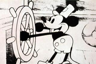 A black-and-white cartoon mouse turns the steering wheel on a boat.